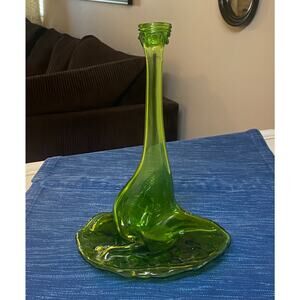 Vintage Melted Stretched Green Bottle Vase Sculpture 11" 76B